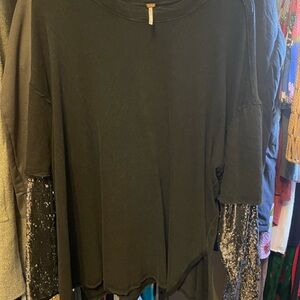 Free People Black Top with Sequin Sleeves